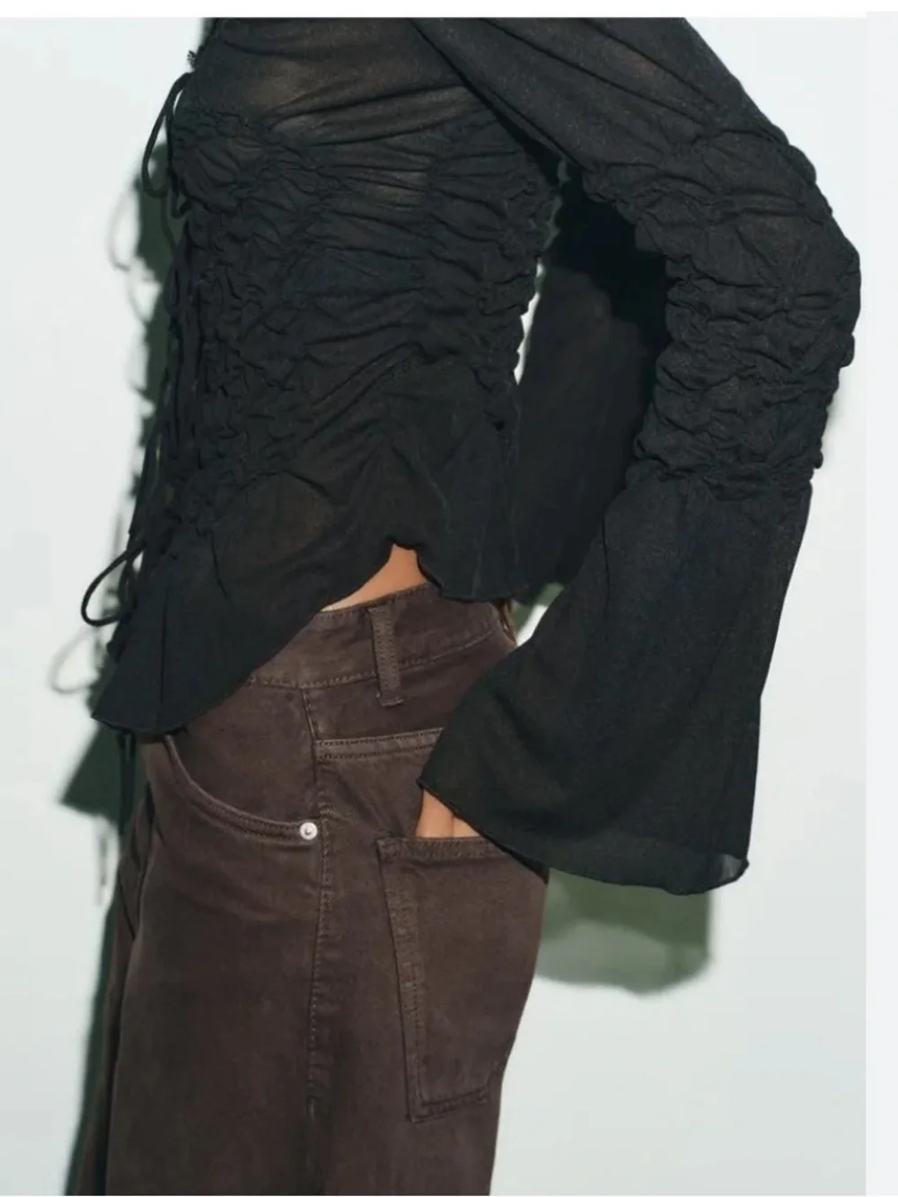 Zara Black Lace-Trim Tie-Front Long Sleeve Top